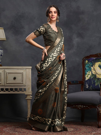 Women's Silk Blend Blue Printed Designer Saree With Blouse Piece