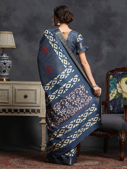 Women's Silk Blend Blue Printed Designer Saree With Blouse Piece