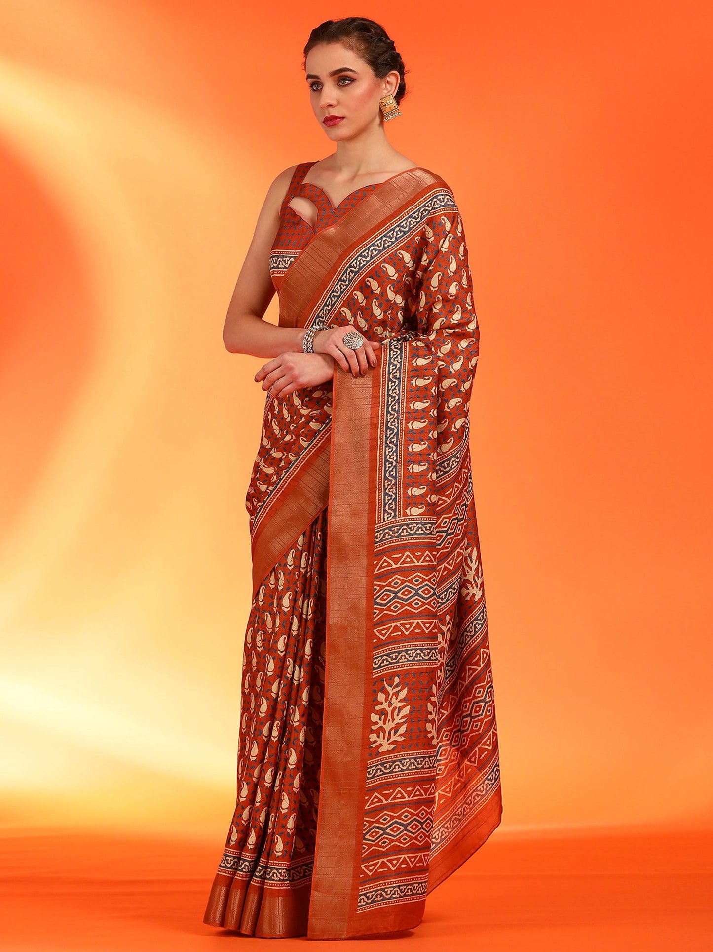 Women's Silk Blend Orange Printed Designer Saree With Blouse Piece