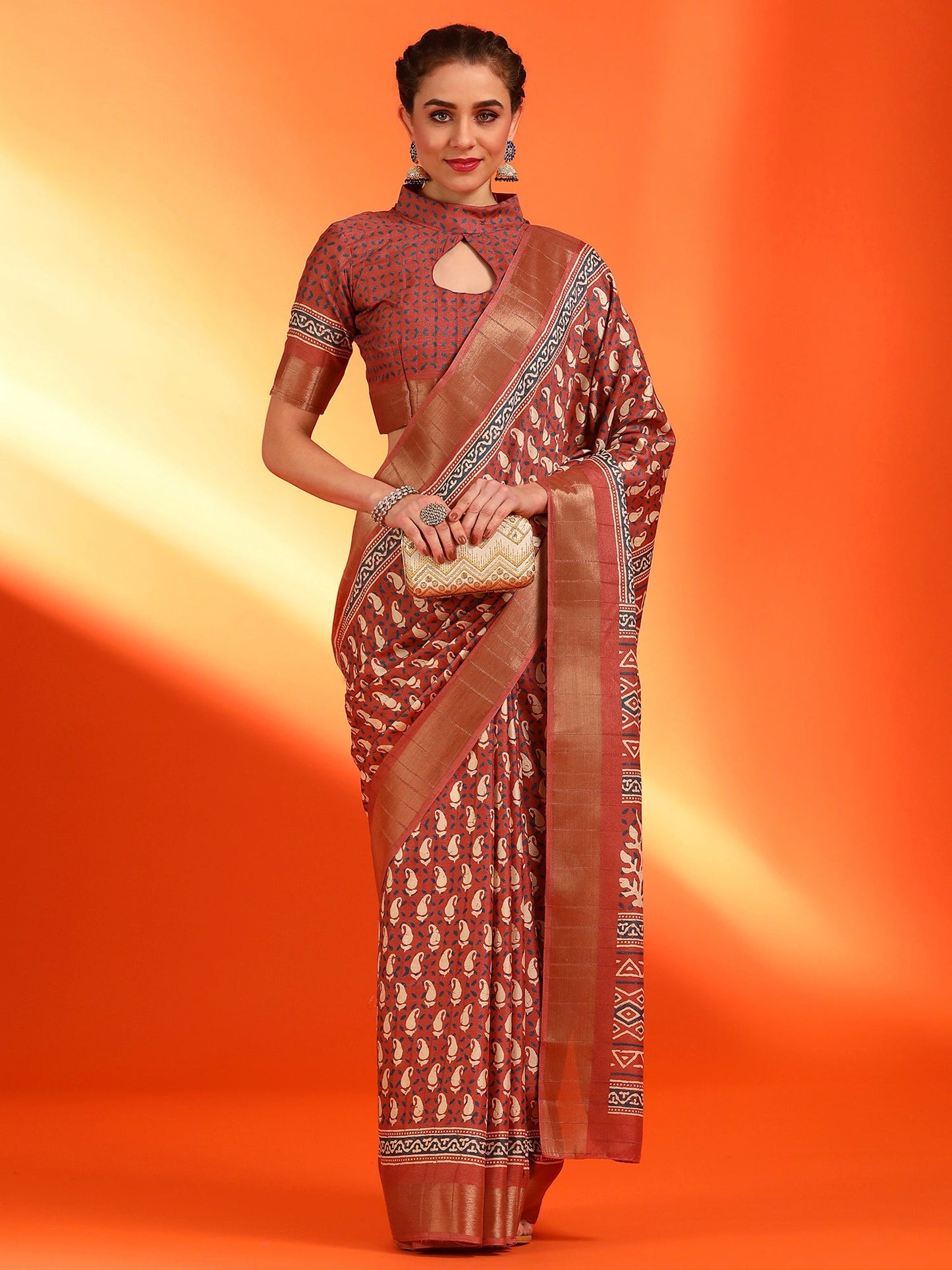 Women's Silk Blend Rust Printed Designer Saree With Blouse Piece
