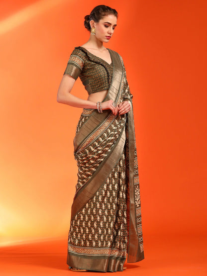 Women's Silk Blend Olive Printed Designer Saree With Blouse Piece