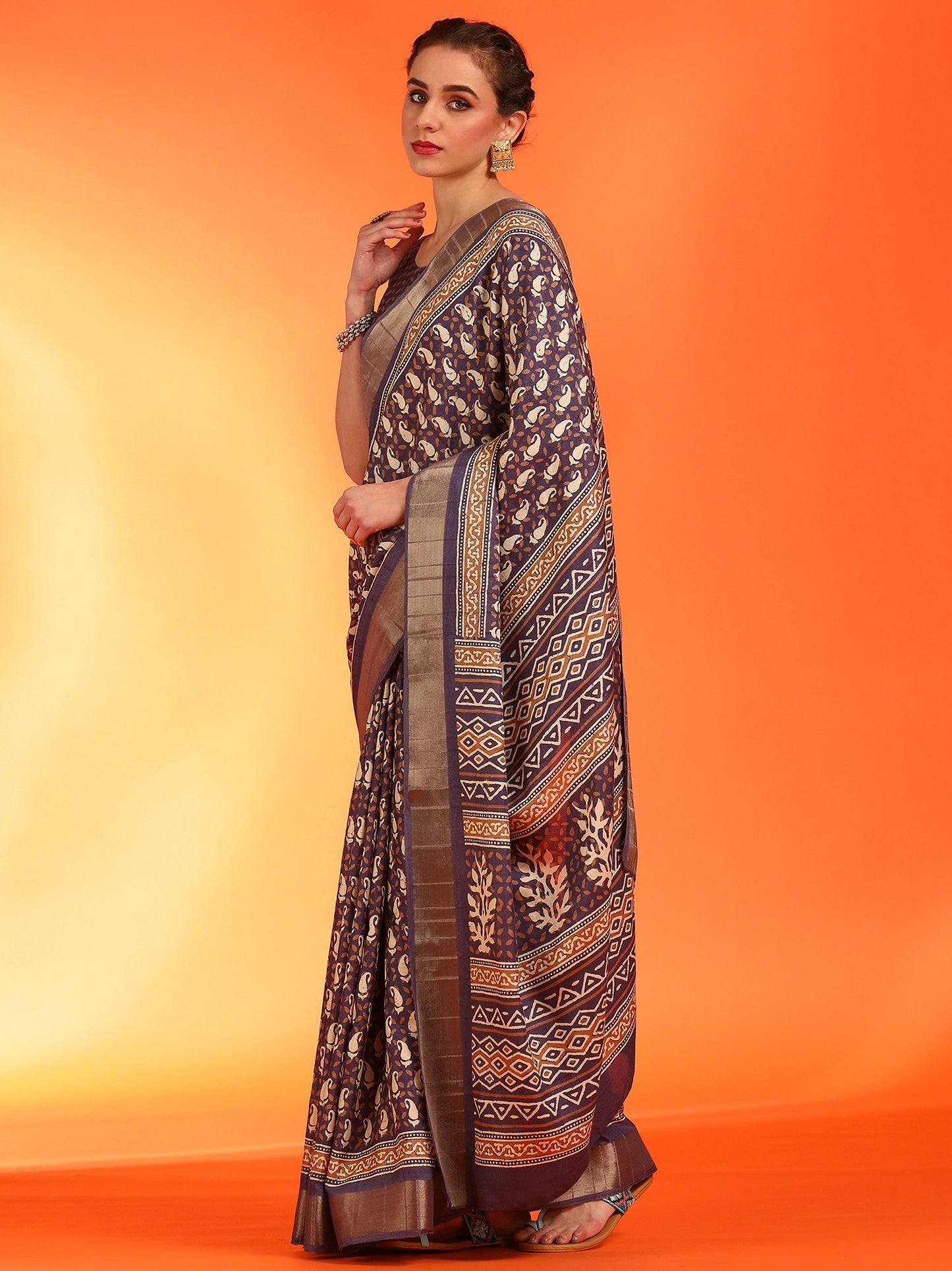 Women's Silk Blend Purple Printed Designer Saree With Blouse Piece