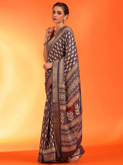Women's Silk Blend Purple Printed Designer Saree With Blouse Piece
