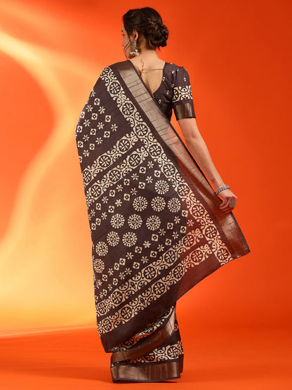 Women's Silk Blend Brown Printed Designer Saree With Blouse Piece