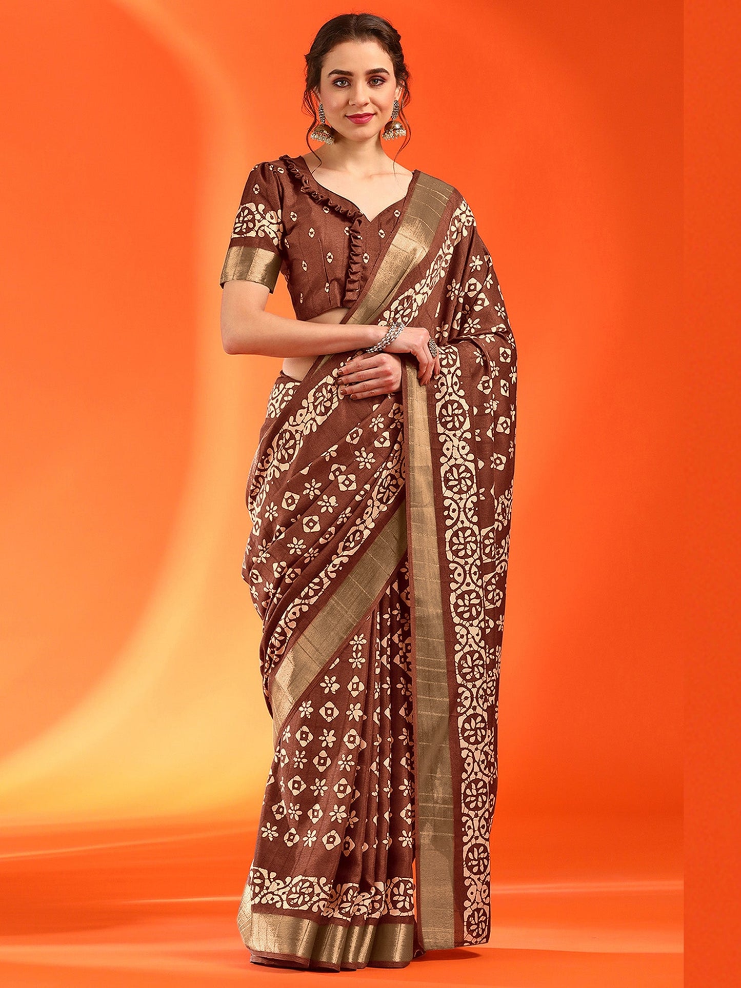 Women's Silk Blend Brown Printed Designer Saree With Blouse Piece
