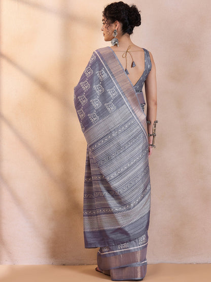 Women's Silk Blend Metallic Printed Designer Saree With Blouse Piece
