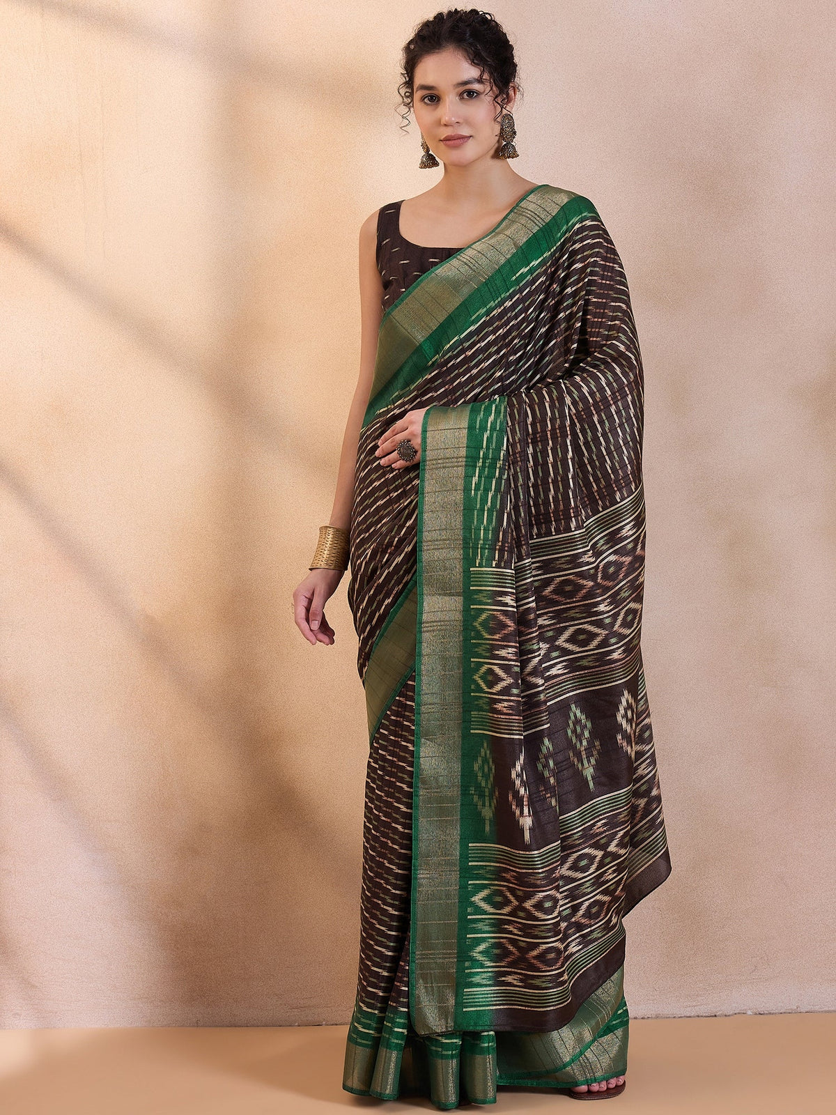 Women's Silk Blend Brown Printed Designer Saree With Blouse Piece