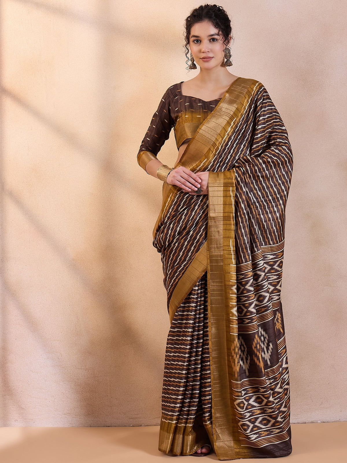 Women's Silk Blend Brown Printed Designer Saree With Blouse Piece
