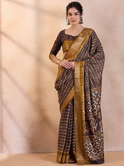 Women's Silk Blend Brown Printed Designer Saree With Blouse Piece
