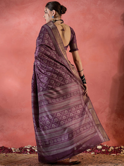 Women's Silk Blend Magenta Printed Designer Saree With Blouse Piece