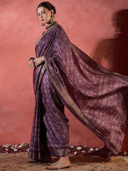 Women's Silk Blend Magenta Printed Designer Saree With Blouse Piece
