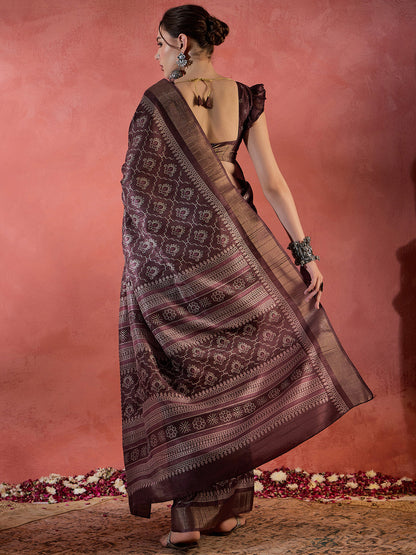Women's Silk Blend Brown Printed Designer Saree With Blouse Piece
