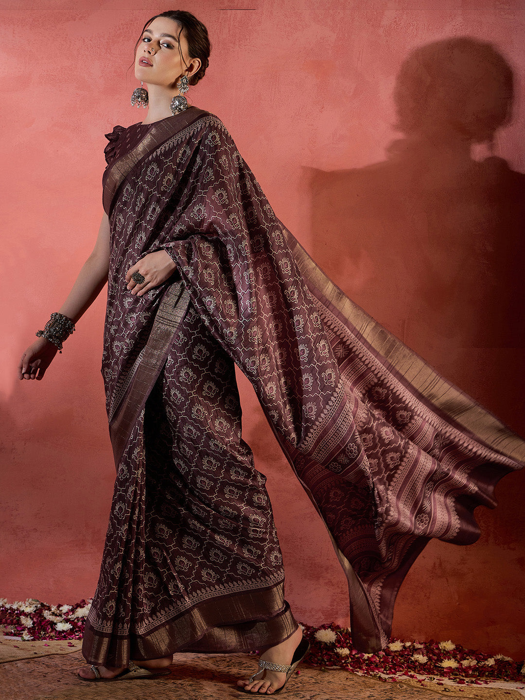 Women's Silk Blend Brown Printed Designer Saree With Blouse Piece
