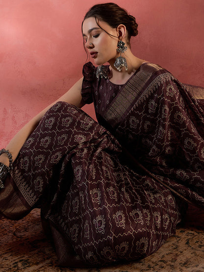 Women's Silk Blend Brown Printed Designer Saree With Blouse Piece