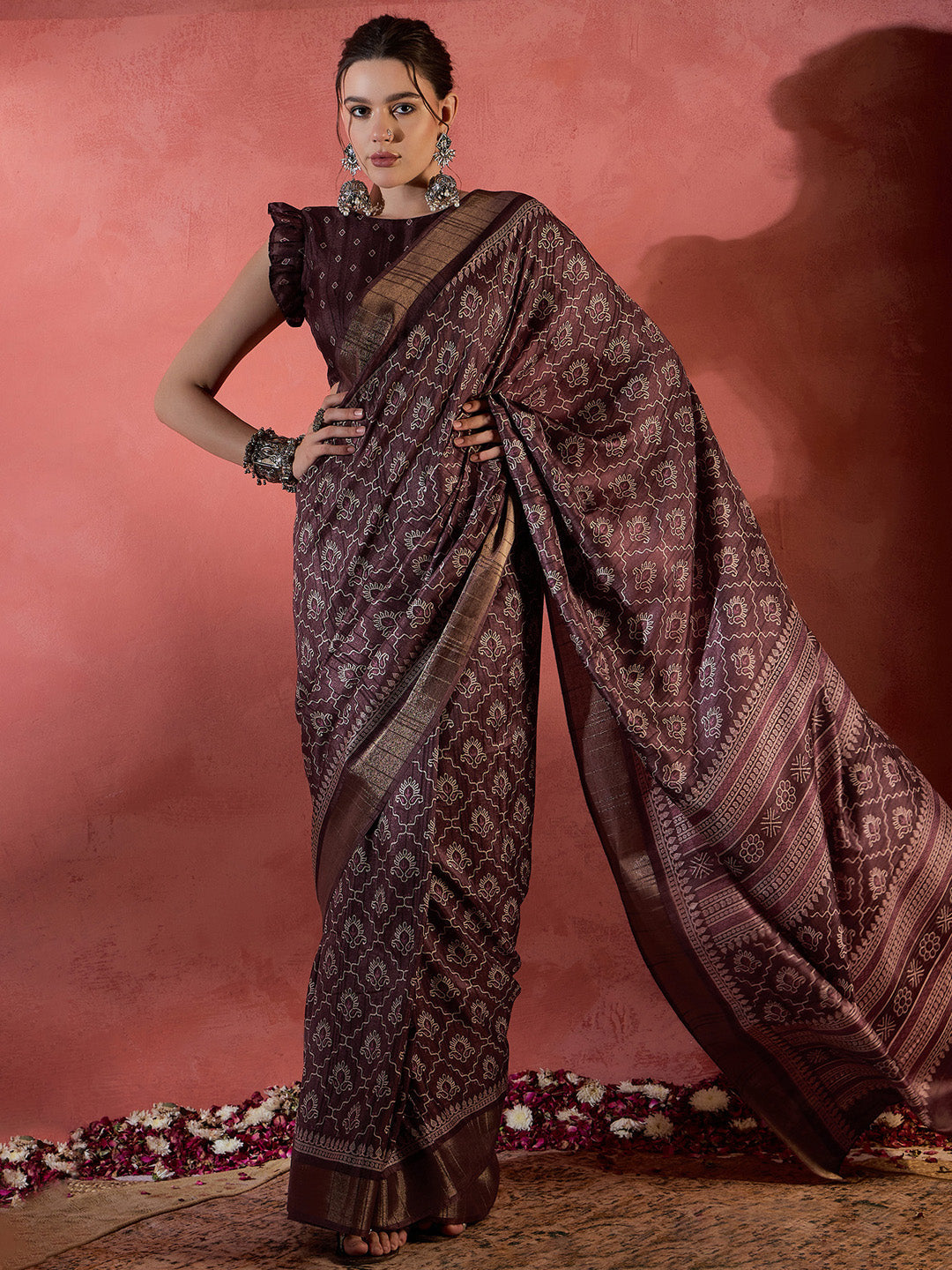 Women's Silk Blend Brown Printed Designer Saree With Blouse Piece