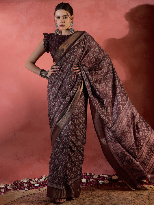 Women's Silk Blend Brown Printed Designer Saree With Blouse Piece