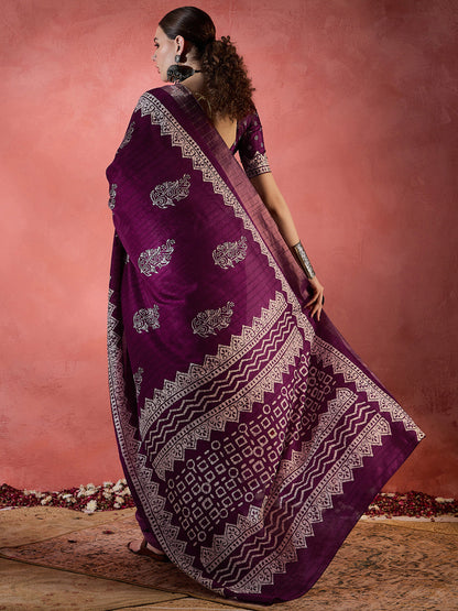 Women's Silk Blend Magenta Printed Designer Saree With Blouse Piece