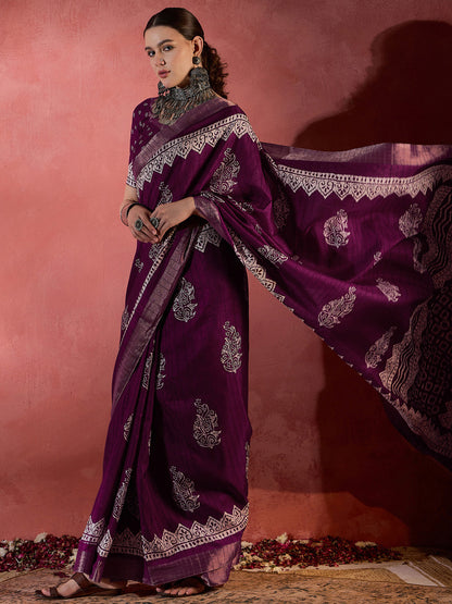 Women's Silk Blend Magenta Printed Designer Saree With Blouse Piece