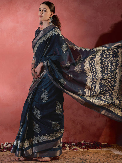 Women's Silk Blend Teal blue Printed Designer Saree With Blouse Piece
