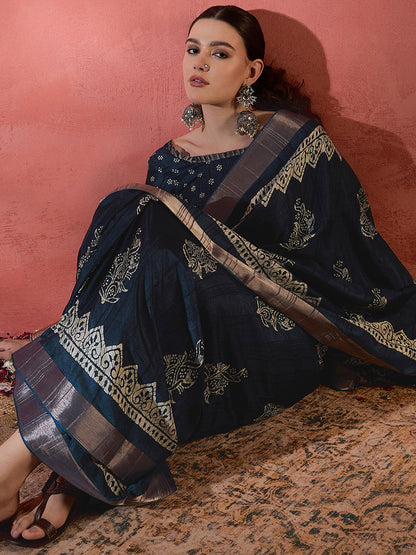 Women's Silk Blend Teal blue Printed Designer Saree With Blouse Piece