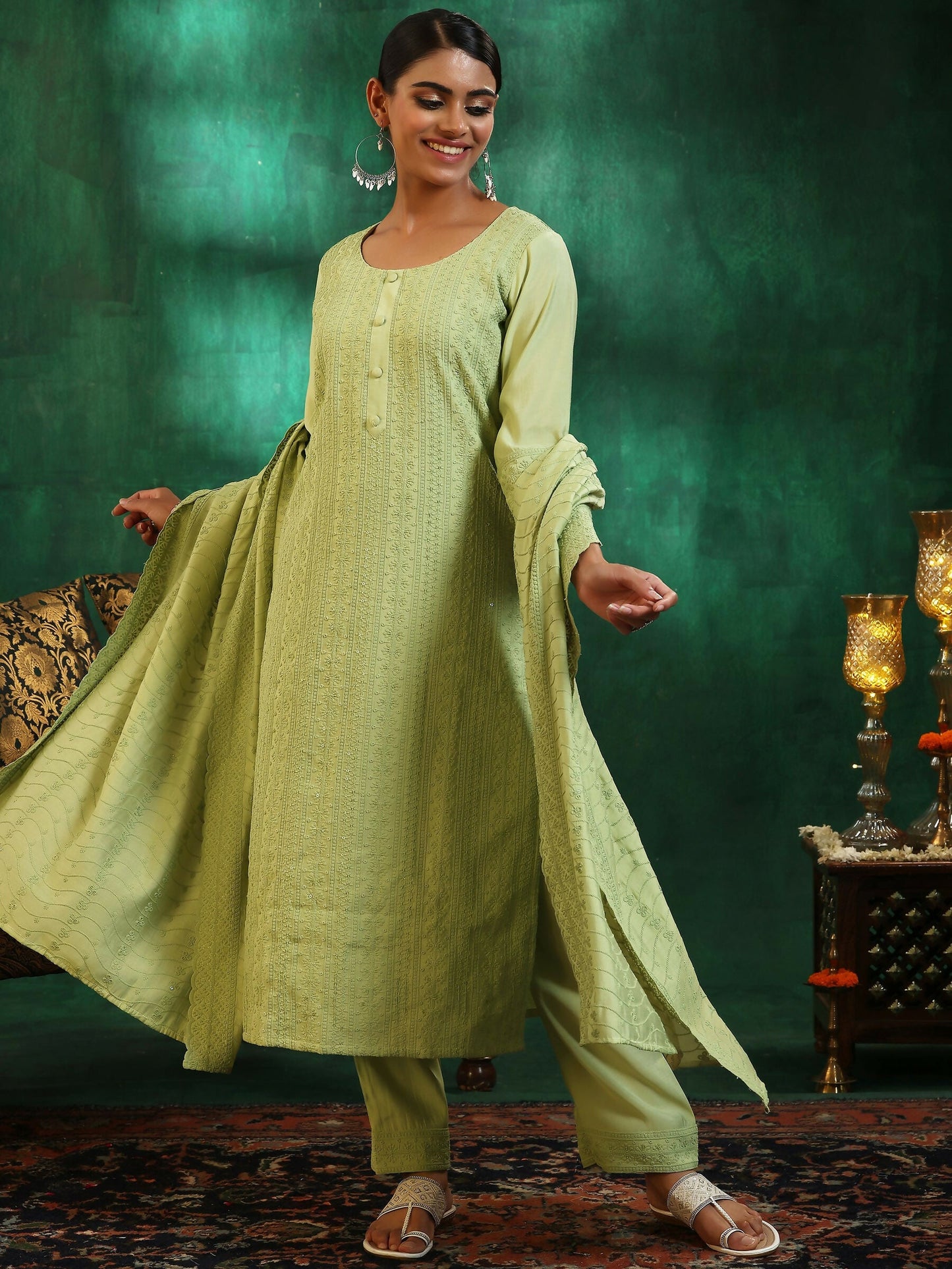 Women's LB Green Embroidered Silk Blend Straight Suit With Dupatta