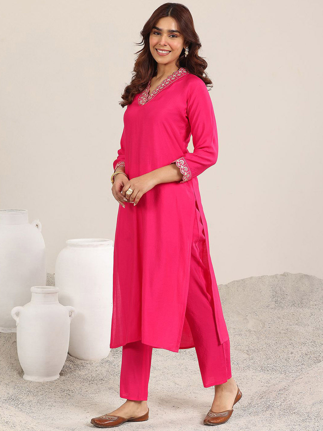 Yoke Design V Neck Kurta With Trousers & Dupatta