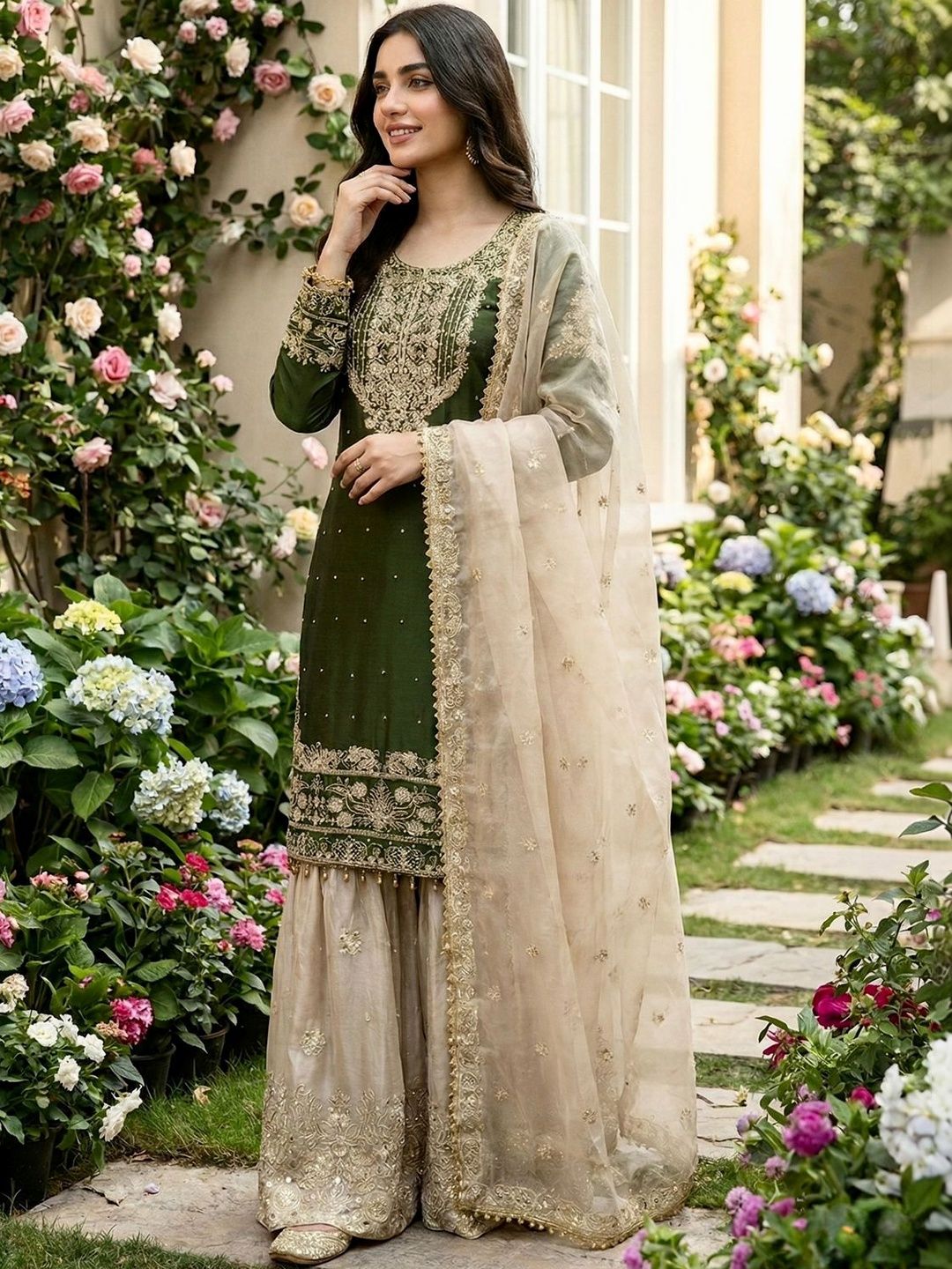 Dhiyona KL Women Floral Embroidered Regular Thread Work Kurta with Sharara & With Dupatta
