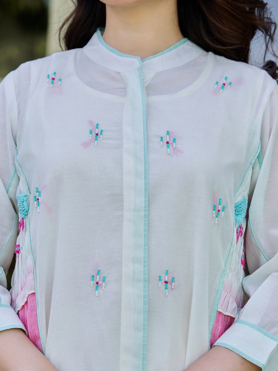 Dhiyona IE Floral Printed Pure Cotton Mandarin Collar Tunic With Trousers