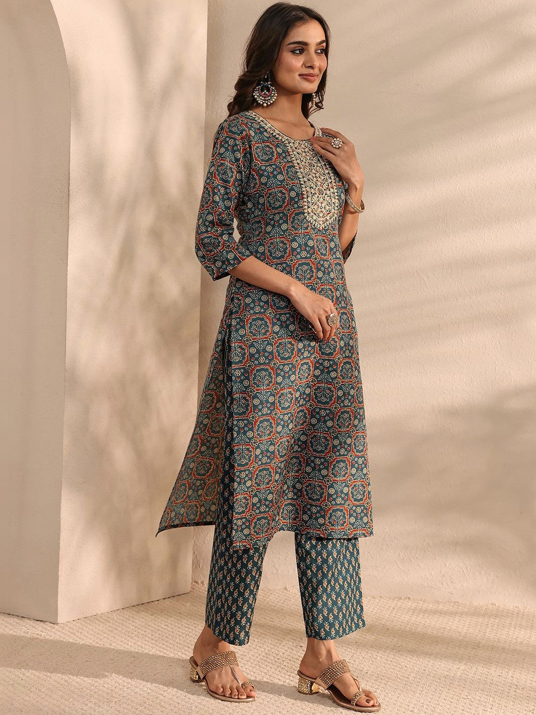 Libas Teal Ajrak Printed Straight Suit Set with Dupatta