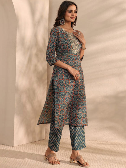 Libas Teal Ajrak Printed Straight Suit Set with Dupatta