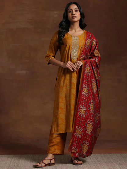 Women's LB Mustard Printed Silk Blend Straight Suit With Dupatta