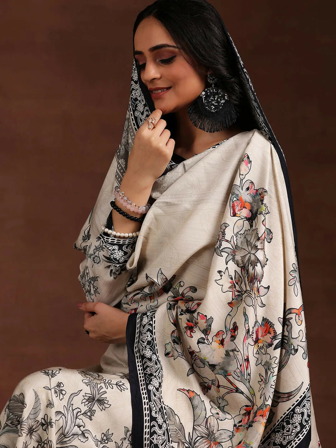 Women's LB Monochrome Printed Silk Blend Straight Suit With Dupatta