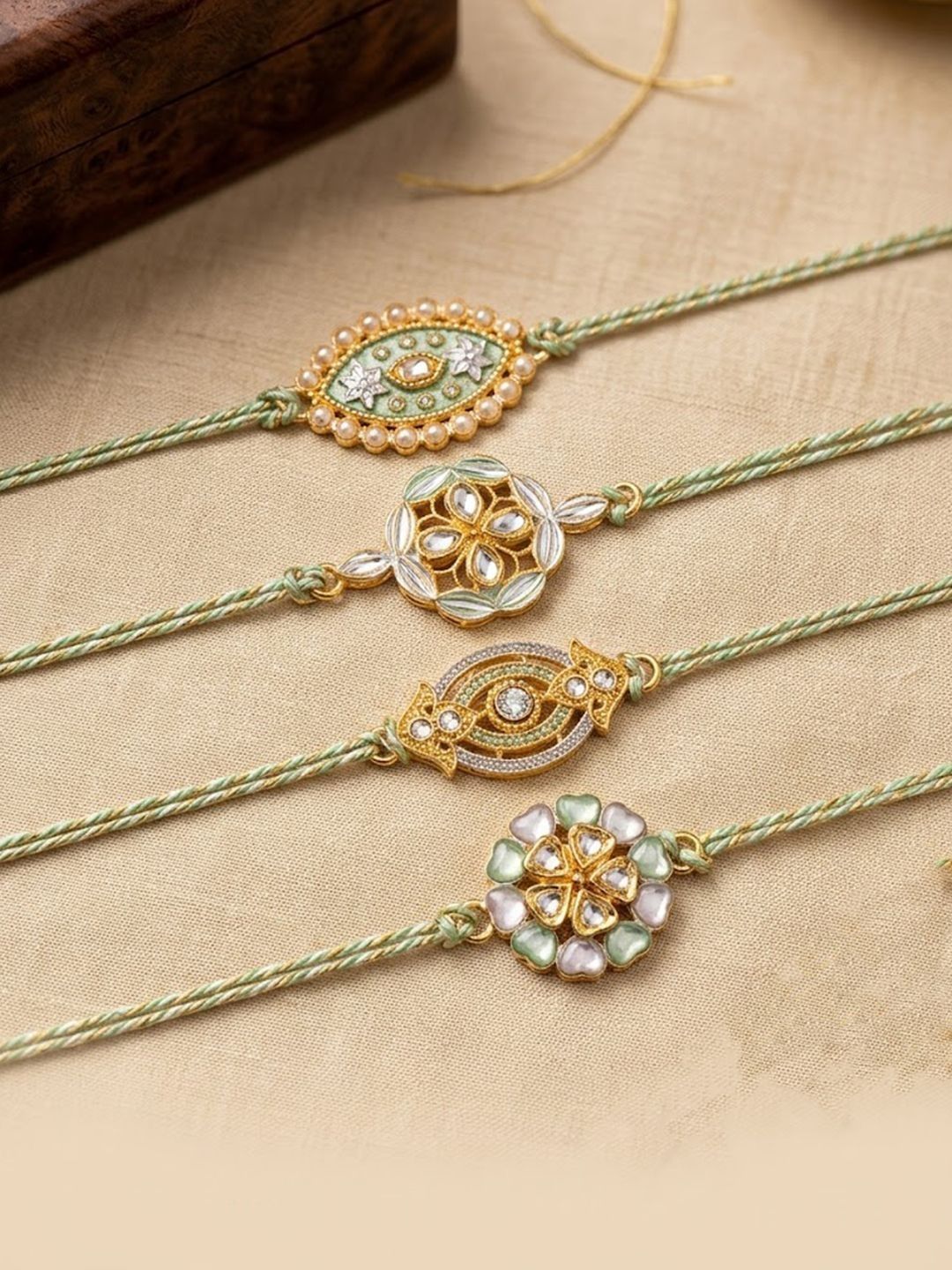 Dhiyona Set Of 4 White Artificial Stones & Green Thread Rakhi