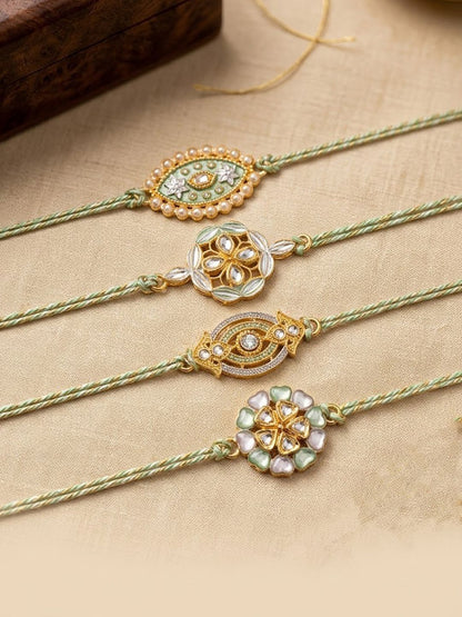 Dhiyona Set Of 4 White Artificial Stones & Green Thread Rakhi