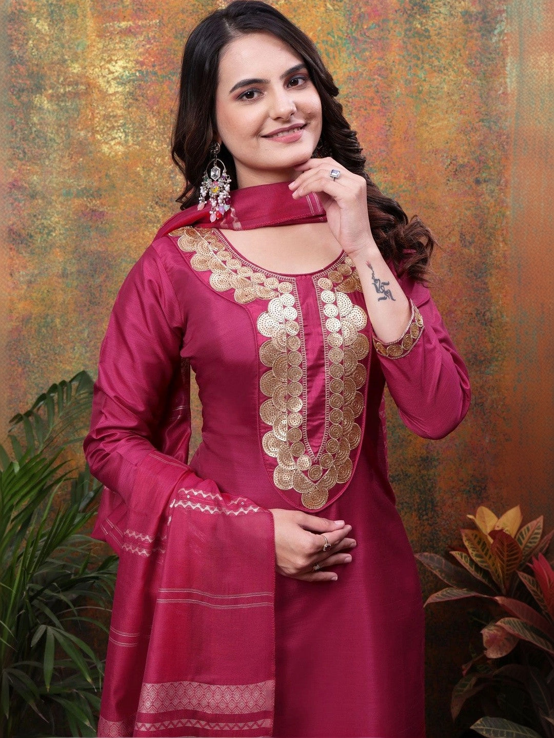 Women Ethnic Motifs Embroidered Regular Kurta with Trousers & With Dupatta