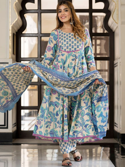 Dhiyona KL Kalini Women Floral Printed Pure Cotton Anarkali Kurta and Trousers With Dupatta