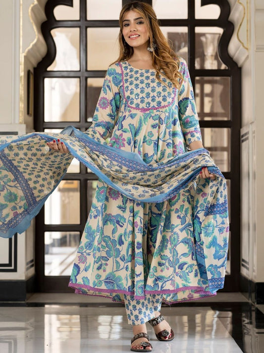 Dhiyona KL Kalini Women Floral Printed Pure Cotton Anarkali Kurta and Trousers With Dupatta