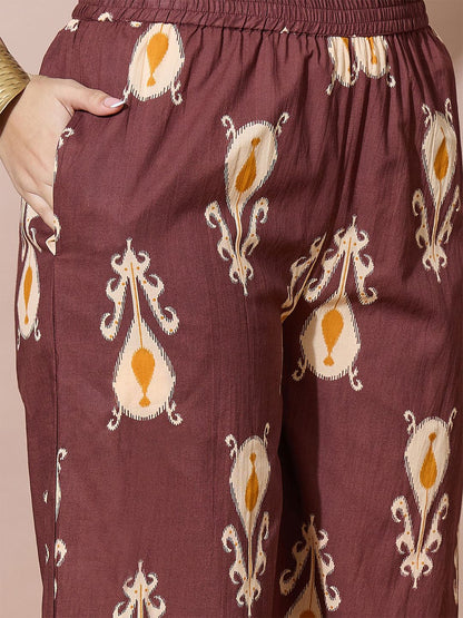 Brown Women Floral Printed Regular Kurta with Palazzos