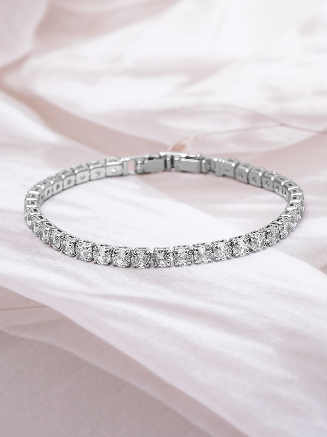 Dhiyona RJ Women's Rhodium Plated Sparkling AD & Cubic Zirconia Studded Tennis Bracelet