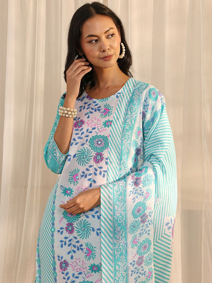 Libas Blue Floral Printed Straight Suit Set with Dupatta