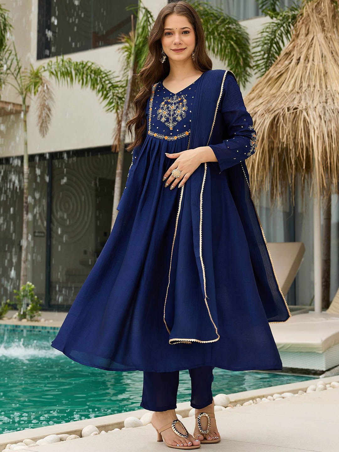 Dhiyona KL Women Woven Design Embroidered A-Line Kurta with Trousers & Dupatta
