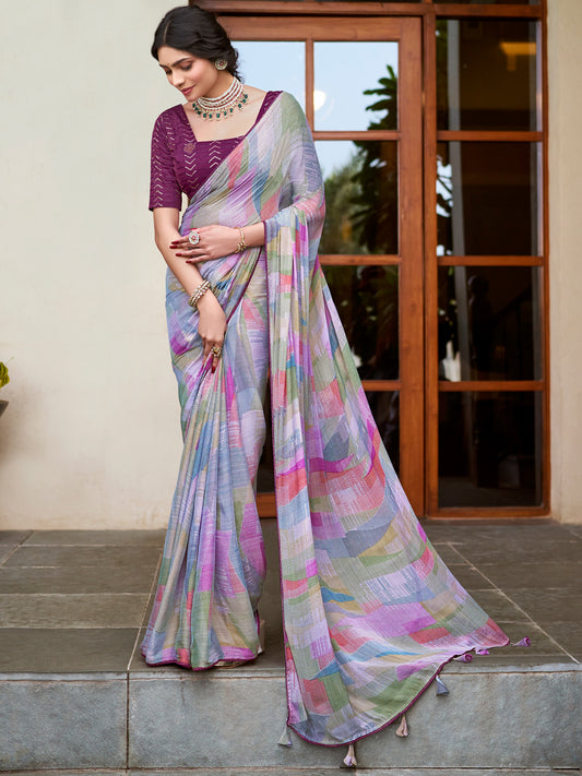 Women's Chiffon Multicolored Printed Designer Saree With Blouse Piece