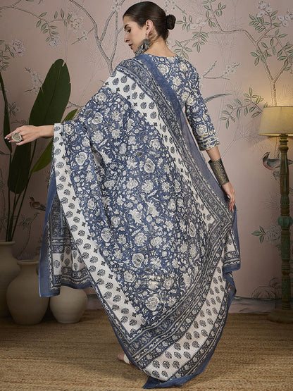 Floral Printed Zari Pure Cotton A-Line Kurta With Trousers And Dupatta