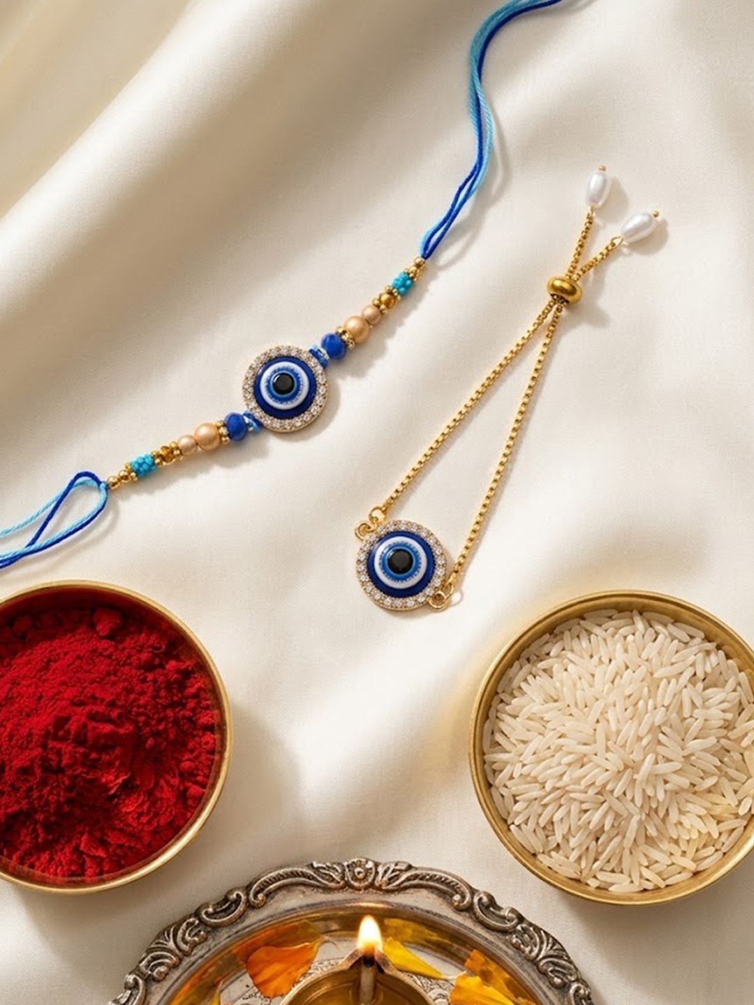 Dhiyona Set Of 2 Blue Evil Eye Gold Toned Bhaiya Bhabhi Rakhi