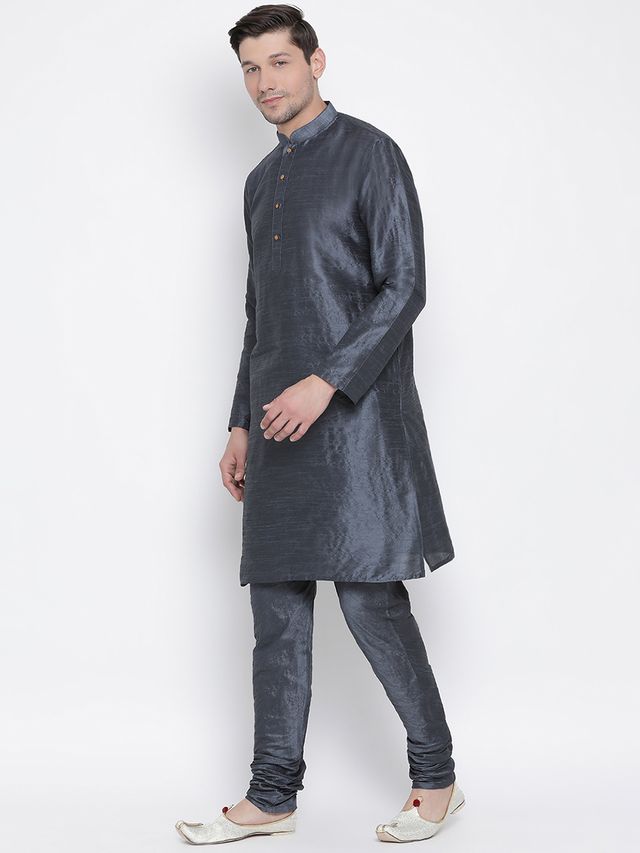 Men's Grey Silk Blend Straight Kurta Pyjama Set