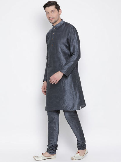 Men's Grey Silk Blend Straight Kurta Pyjama Set
