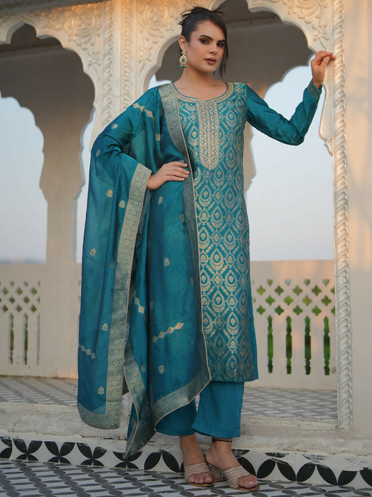 Women's LB Rama Green Woven Design Silk Blend Straight Suit With Dupatta