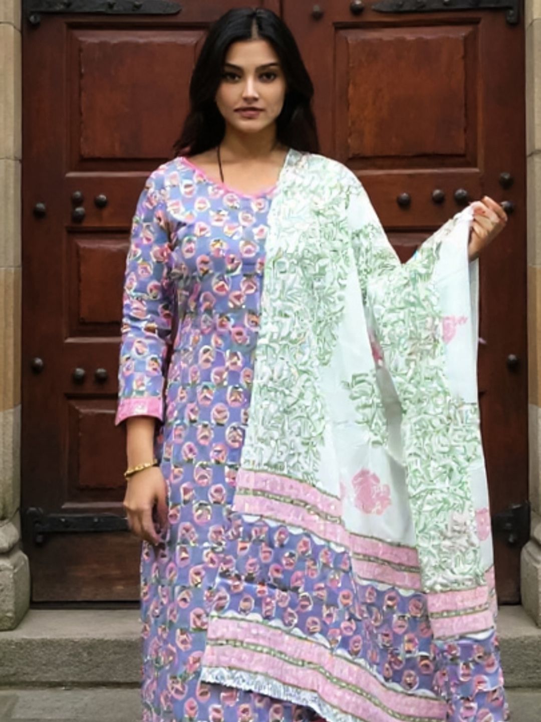 Dhiyona IE Floral Printed Round Neck Pure Cotton Straight Kurta With Trousers & Dupatta