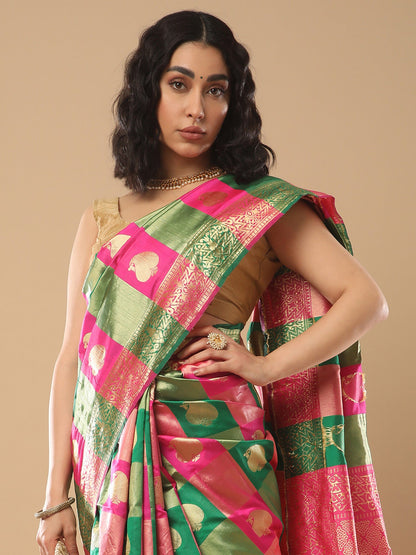 Women's Silk Blend Green Woven Design Designer Saree With Blouse Piece