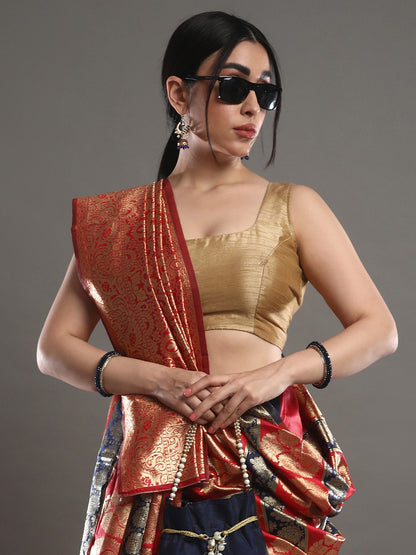Women's Silk Blend Red Woven Design Designer Saree With Blouse Piece